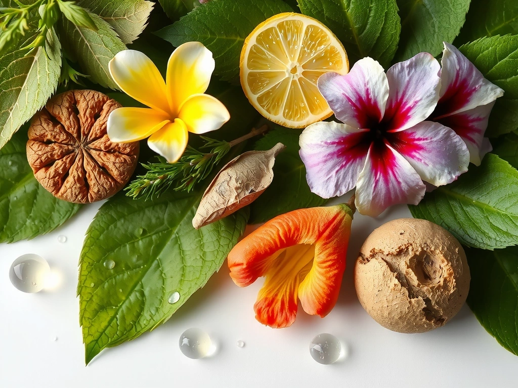 Composizione artistica di elementi naturali come foglie, fiori, erbe e acqua, che rappresentano i valori di Bellezzanaturalebf.