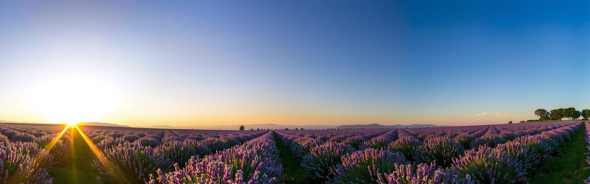 Panoramica serena di un campo di lavanda al tramonto, simbolo di purezza e natura.