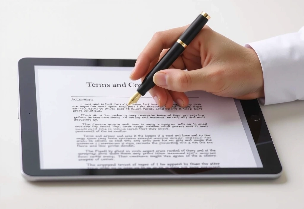 Mano che firma un documento digitale con una penna stilografica su un tablet, simboleggiando l'accettazione dei termini e condizioni.
